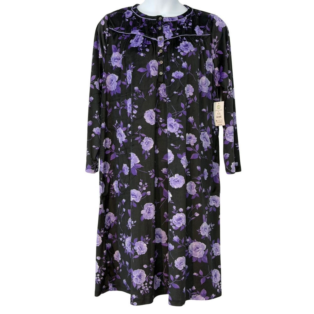 Aria Sz XL 16-18 Long Sleeve Nightgown Purple & Black Floral Velvet Fleece New